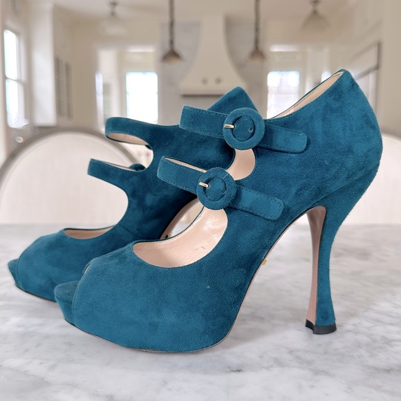 Prada suede teal double strap shoe 37 - Picture 6 of 14